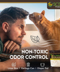 Dry Bokashi Bran Compost Starter For Kitchen And Outdoor Bins 2 Lbs Pack shown with man and orange cat, low odor control.