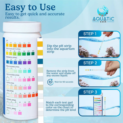 Instructions for using Nine In One Aquarium Water Test Kit With 100 Freshwater And Saltwater Test Strips for quick results.