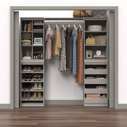 Total Game Changer Modular Closet Organizer With Four Adjustable Angled Shoe Shelves And Slick Taupe Finish For Seamless Stacked Storage Setup Hardware Included in a walk-in closet with clothes and shoes.