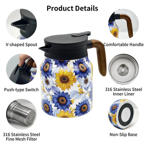 Sunflower Floral 35 Ounce Tea Pot With Infuser Insulated Stainless Steel Kettle showing spout, handle, filter, and base details.