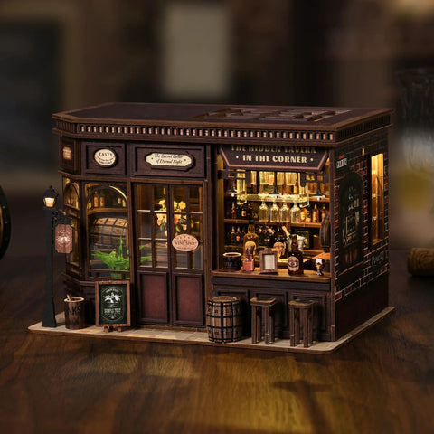 Front view of DIY Book Nook Kit Corner Tavern Miniature Dollhouse For Adults Teens Beginners, 3D Wooden Puzzle For Bookshelf Decor