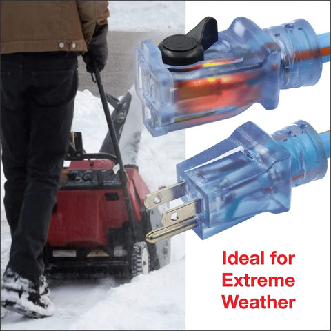 Heavy Duty Extension Cord 100 Ft Blue Orange SJEOW 14/3 With Lighted Locking Plug, Flame Retardant TPE Rubber in snowy weather.