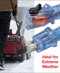 Professional Grade 100 Foot Heavy Duty Extension Cord With Durable Tpe Rubber Jacket And Lighted Locking Grounded Plugs in use for snow removal.