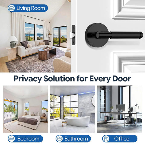 Badass 5 Pack Matte Black Interior Door Handles With Privacy Locks on white door, displayed in stylish living room setting.