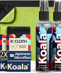 Koala eyeglass lens cleaner kit, front view with 2 spray bottles and 2 microfiber cloths.