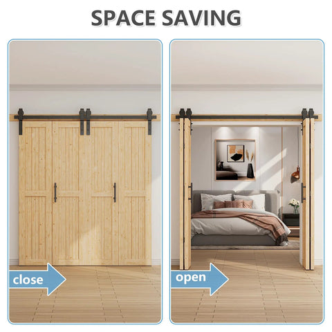 Workhorse Spruce Wood Bifold Barn Door Kit Includes 90 Inch Track Assembly Free Double Door Panels 84X84 Inches For Closets space-saving feature depicted.