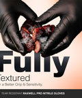 Hands wearing Dual Layer Heat Defense BBQ Gloves holding grilled meat, showcasing non-slip nitrile grip.