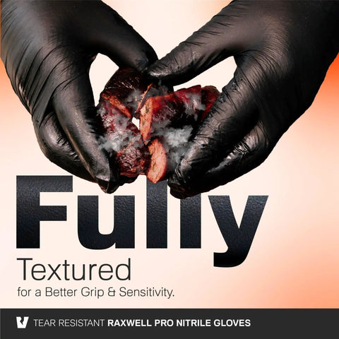Hands wearing Dual Layer Heat Defense BBQ Gloves holding grilled meat, showcasing non-slip nitrile grip.