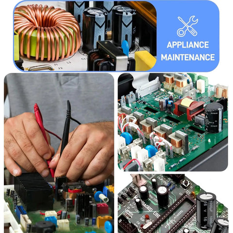 Skip The Wiring Blues With This Low Voltage Electrolytic Capacitor Assortment Kit Packed With 320 Pieces Across 20 Values From 1 Uf To 1000 Uf And 10 V To 50 V showing hands testing circuits.