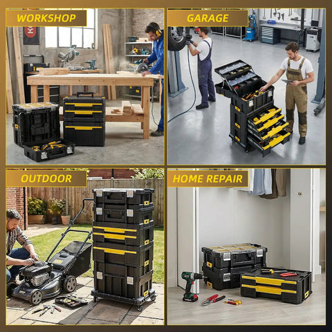 Rolling Tool Box With Wheels, 4-In-1 Modular Organizer System in workshop, garage, outdoor, and home repair settings