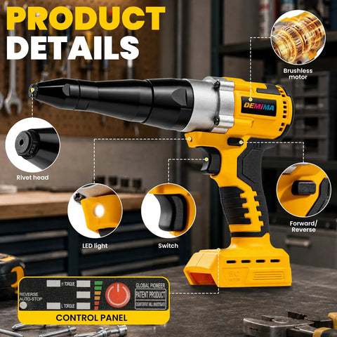 Heavy Duty 800W Brushless Rivet Gun With Killer 2000 Ft Lbs Torque And Three No BS Tool Free Noses for Demanding Job Site Work, showing control panel and features.