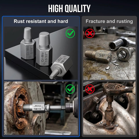 Heavy Duty Cr Mo Steel Screw Extractor Set Featuring Hex And Socket Adapters Tough 15 Piece Gear shown with rust-resistant and fractured screw examples.