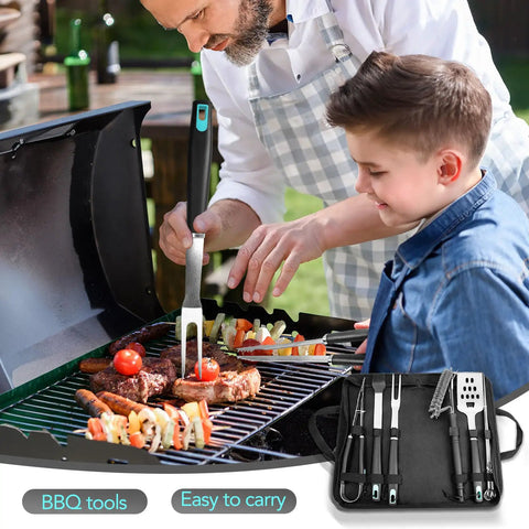 Father and son grilling with Backyard BBQ Essential 5 Piece Grill Tools Set With Heavy Duty Wire Brush Spatula Fork Tongs And Basting Brush