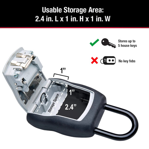 Key Lock Box For House Keys Outdoor Portable Lockbox With Resettable Four Digit Code Weather Resistant Durable Metal Body Holds 5 Keys 5400EC2 Black 2 Pack, interior view showing storage space dimensions.
