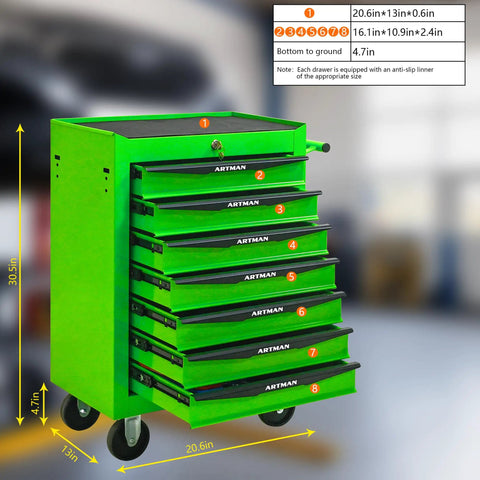 Heavy Duty Rolling Tool Chest With Lockable Parking Brakes And Butter Smooth Ball Bearing Slides 21 Inch Freestanding Storage Cabinet In Bright Green for garage with seven drawers.