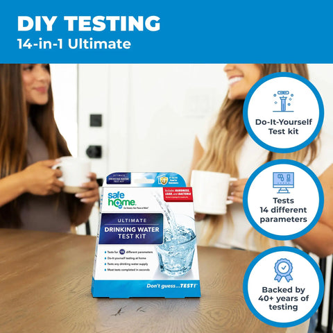 Straight Up Pro 14 In 1 Drinking Water Test Kit For Quick Lead And Bacteria Checks In City Tap Or Well Water Plus pH Hardness And Nitrates Testing Kit displayed on a table with two women holding cups.