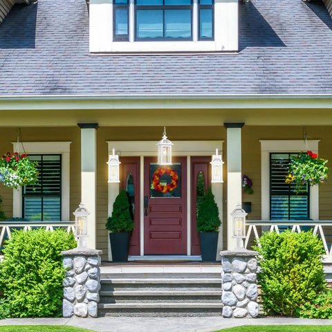 Front porch with Outdoor Wall Sconce Lighting Set With Seeded Glass Weatherproof Exterior Fixtures in a home entrance view