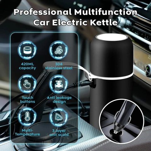 Road Trip Ready Car Kettle With 12V/24V Power Portable Hot Water Boiler for Camping and Travel in car cup holder