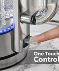 Close-up of Lightning Fast 1.7L Glass Electric Kettle With Stainless Steel Base Cordless 1500W Boiler Double Wall in use.