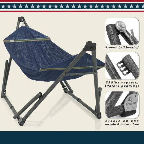 Adjustable Hammock With Sturdy Collapsible Stand For Camping And Outdoor Use 550 Lb Capacity Double Hammock With Foldable Noiseless Frame Includes Carry Bag Easy Setup Weather Resistant Material Aegean