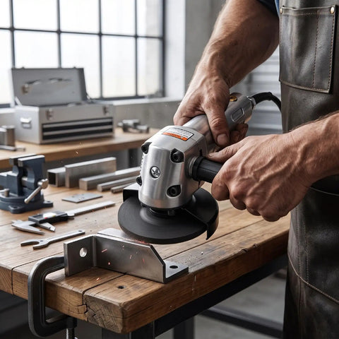 Air Powered 4 Inch Angle Grinder 11000 RPM Lightweight Frame With Solid Grip in use on metal workpiece for polishing.