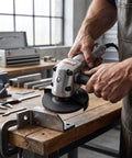 Heavy Duty Pneumatic Angle Grinder With Kickin Power And An Ergonomic Design For Swift Metal Cutting And Steady Performance On Demanding Job Sites Daily in use cutting metal.