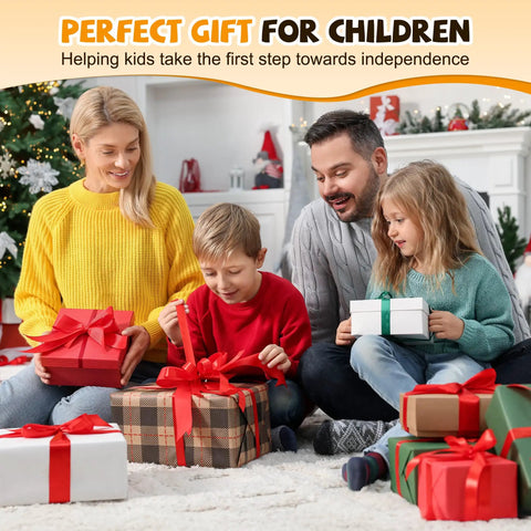 Family of four with kids excitedly opening festive gifts during Christmas, celebrating independent moments together.