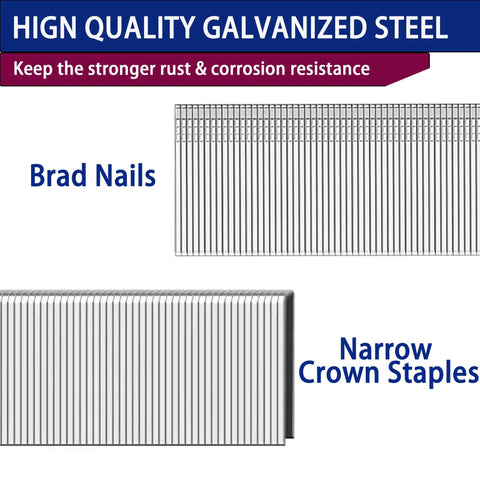 Pro Level 18 Gauge Narrow Crown Staples And Brad Nails Assortment Kit 4200 Pieces, showing galvanized brad nails and narrow crown staples.