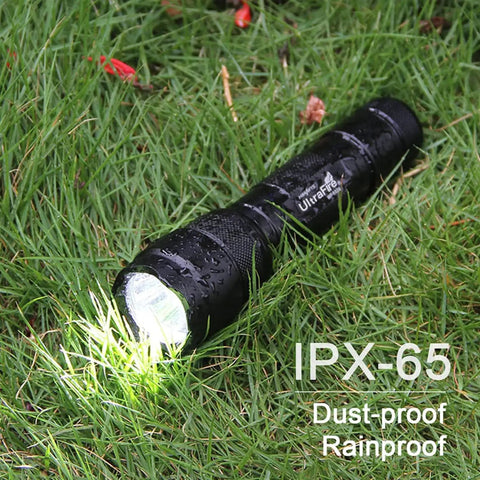 Two Pack Mini LED Flashlights 1000 Lumens 5 Modes Tiny Tactical EDC Torches Pocket Sized for Everyday Carry Super Bright Portable Handheld Lights Model WF 502B Battery Not Included shown on wet grass with light on