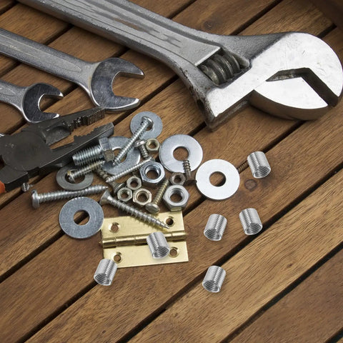 10Pcs M8 Stainless Steel Thread Insert Kit for quick thread repair with tools on wooden surface
