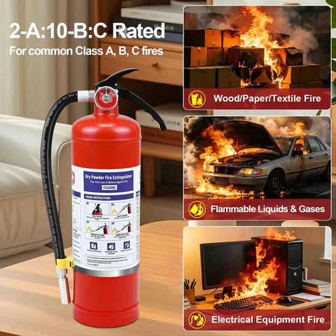 5 Lb Abc Dry Chemical Fire Extinguisher With Wall Mount And 2A 10B C Rating, shown with fire scenes for emergency use.