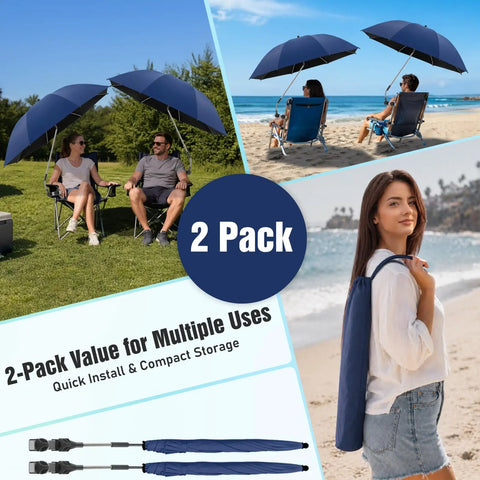Two Pack Chair Beach Umbrellas With Clamp, 360 Degree Adjustable UPF50 Plus Sun Shade For Beach Chairs, Patio Chairs, And Camping Gear, Ink Blue, Chair Not Included shown in use at beach and park scenarios, includes carrying bag and clamps.