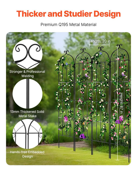 Heavy Duty Rustproof Metal Garden Trellis Set 4 Pack 87 By 20 Inches Climbing Plant Support For Roses Clematis Cucumbers Vines Outdoor Yard Courtyard with premium Q195 metal material and reinforced design displayed with plants on the trellis.
