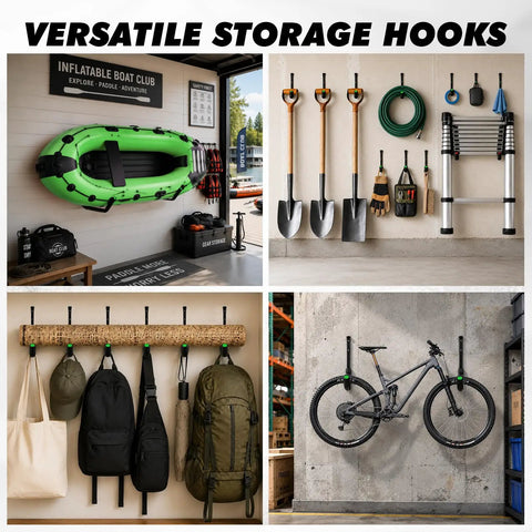 Tough As Nails Heavy Duty Kayak Storage Rack Double Pack Wall Mount Garage Hooks With Top Shelf Foam Wrapping showing kayaks and tools.