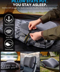 Ultralight Inflatable Travel Neck Pillow With Removable Cover For Neck And Lumbar Support in use with elastic strap, Grey