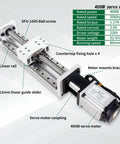 Beefy ZBX80 Plus Servo Linear Actuator, close-up of 12mm linear guide, SFU-1605 ball screw, and 400W servo motor, 220V CNC stage.
