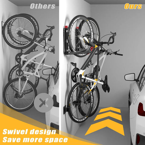 No Sweat Swivel Wall Mount Bicycle Rack With Rock Solid U Shaped Wheel Cradle Hanger for efficient garage space-saving.