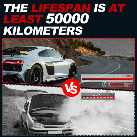 Comparison of a sleek silver sports car against a broken vehicle, highlighting 50000 km lifespan advantage.