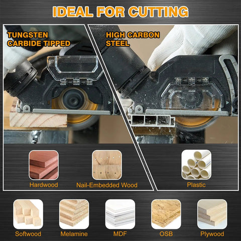 Premium 3 Inch Circular Saw Blades 4 Pack Features 36T And 80T Tungsten Carbide Teeth On A Versatile 3/8 Inch Arbor cutting through hardwood and plastic.