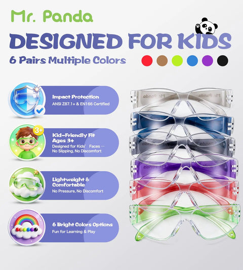 Rad 6 Pack Kids Safety Glasses Youth Protective Eyewear ANSI Z87 Certified Scratch Proof Lenses UV400 Shield in 6 colors.