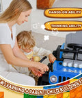 Mother and child building a blue 2 In 1 Ride On Car For Kids With Buildable Blocks For Hands On Building Fun Switchable Truck And Go Kart 12V Battery Powered Ride On Toy With Led Lights And Four Wheel Suspension For Smooth Outdoor Fun Blue