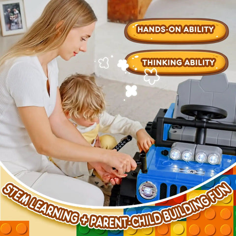 Mother and child building a blue 2 In 1 Ride On Car For Kids With Buildable Blocks For Hands On Building Fun Switchable Truck And Go Kart 12V Battery Powered Ride On Toy With Led Lights And Four Wheel Suspension For Smooth Outdoor Fun Blue