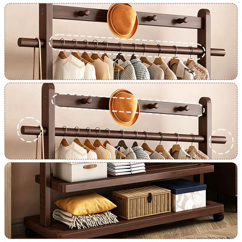 Heavy Duty Bamboo Rolling Clothing Rack With Wheels And Storage Shelves Hella Sturdy Garment Stand with hats and clothes.