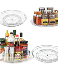 Smooth As Butter 4 Pack Lazy Susan Turntables featuring clear plastic 9 and 12-inch trays for spices and condiments.