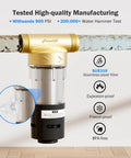 No Nonsense Spin Down Sediment Water Filter With Swivel Stainless Steel Mesh And Easy Rinse Scraper Yields Clean Tap Water Using Switchable 40 Or 100 Micron Screens For Straightforward Household Plumbing, showing water flow and SUS316 construction.