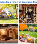 Collage of outdoor scenes: family camping, Halloween decorations, holiday lights on house, and garden picnic with decorations