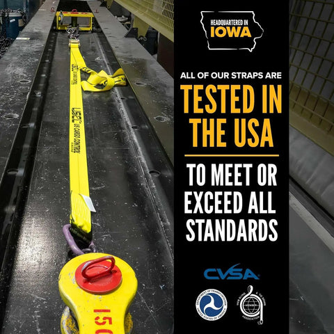 Heavy Duty 2 Inch By 12 Foot Ratchet Straps With J Hooks 4 Pack 10000 Lb Break Strength 3333 Lb Working Load Yellow Polyester Tie Downs For Trailers And Trucks Built For Hauling And Securing Heavy Loads next to quality testing display