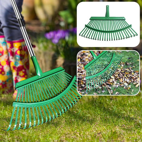 Adjustable Metal Leaf Rake Set With Telescopic Handle From Thirty Eight To Seventy Three Inches Twenty Five Tines Nineteen Inch Wide Includes Two 32 Gallon Leaf Bags And Scoops Heavy Duty Garden Rake For Lawns Shrubs Grass And Flower Beds