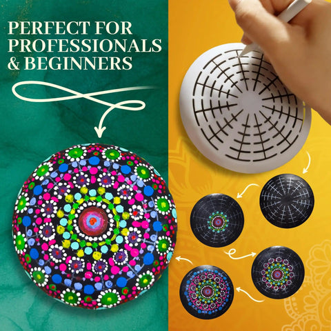 Rock Painting Kit With Dotting Tools And Stencils And Acrylic Paints For Easy At Home Relaxing DIY Arts And Crafts Includes 5 Wooden Rocks 6 Mandala Stencils 12 Vibrant Colors And All The Dotting Tools For Adults And Women displayed with painted mandala designs