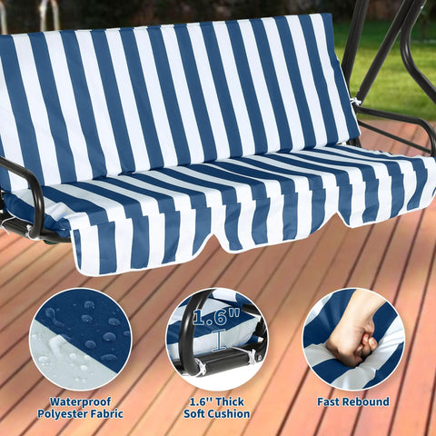Striped blue cushion detail on Adjustable Canopy Three Seat Patio Swing For Adults With Heavy Duty Steel Frame And 600 Lb Capacity